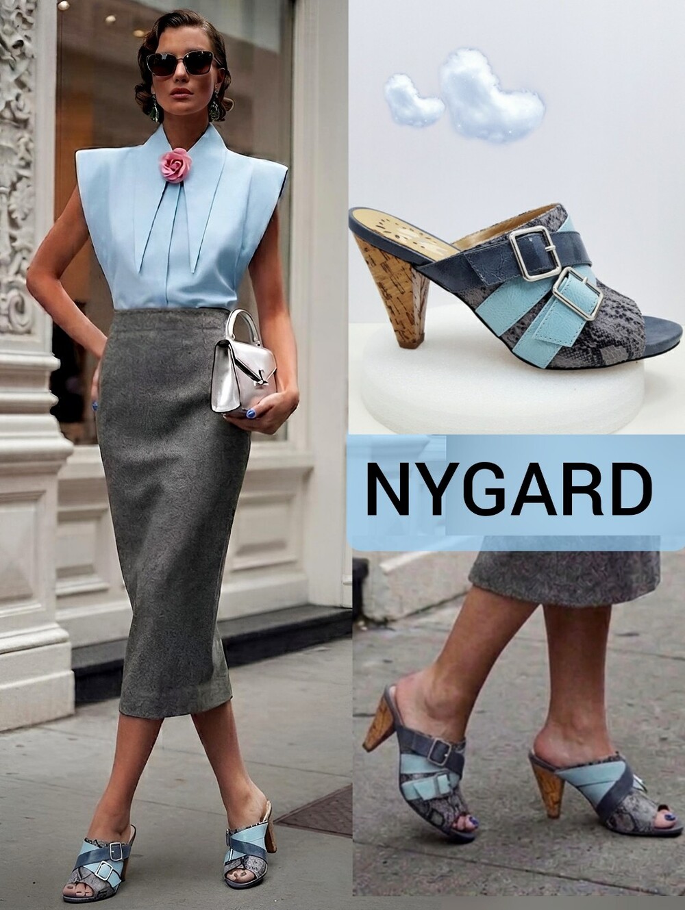 NYGARD Snakeskin & Blue Strappy  Buckle Open-Toe Cork Heel Mule Sandal